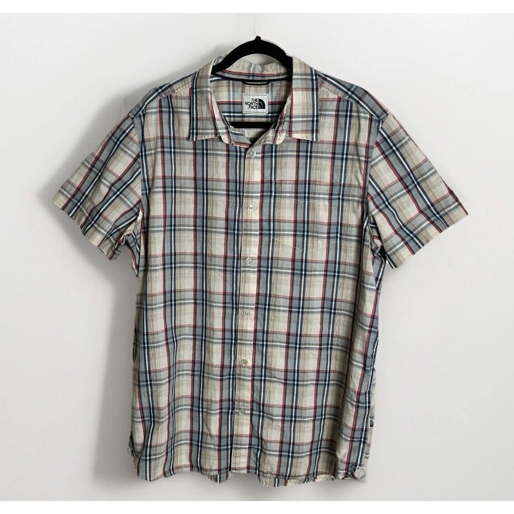 The North Face Men's XL Plaid Button Up Shirt Short Sleeve Beige Navy‎